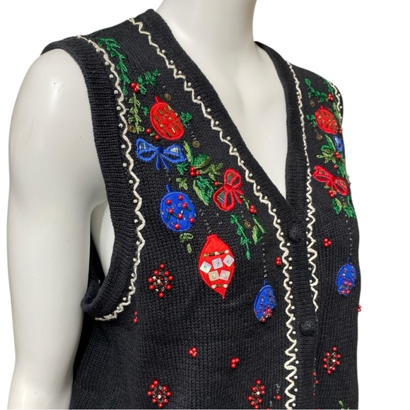 ERIKA Black Embroidered Sequins Ugly Christmas Holiday Vest Sweater Size Large - Picture 10 of 16
